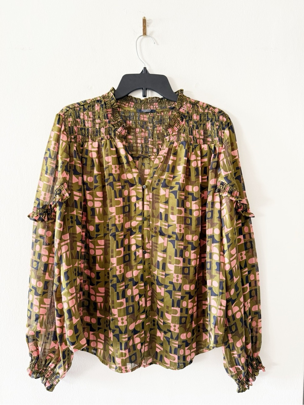Scotch & Soda Abstract Geometric Print Green & Pink Long Sleeve Blouse Large (L)